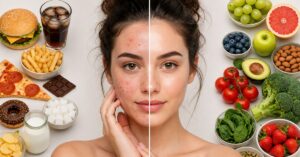 Featured image showing what food causes acne breakouts with unhealthy vs healthy food and acne skin comparison