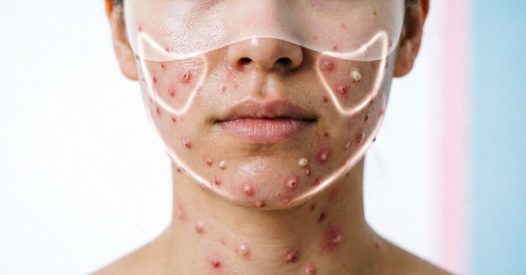 “Illustration showing hormonal acne areas on the face and upper body including chin, jawline, cheeks, neck, and chest in a clean skincare concept design.”