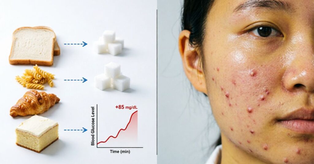 White bread and refined carbs causing blood sugar spikes and acne breakouts on skin in a health concept illustration.