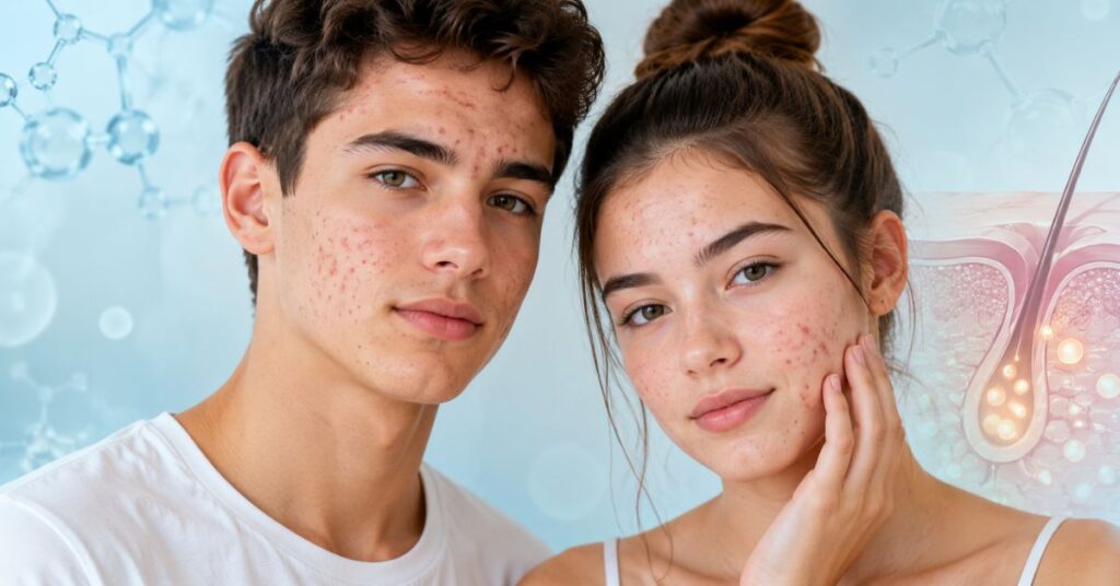 Teenagers with breakouts showing how hormonal acne happens due to oil gland changes