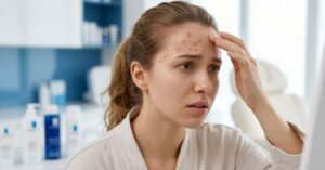 Young woman with forehead acne and clogged pores in a professional skincare setting