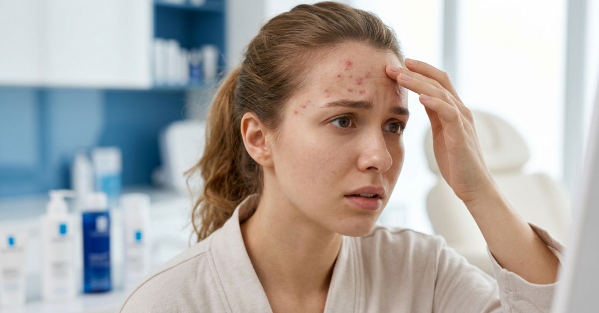 Young woman with forehead acne and clogged pores in a professional skincare setting