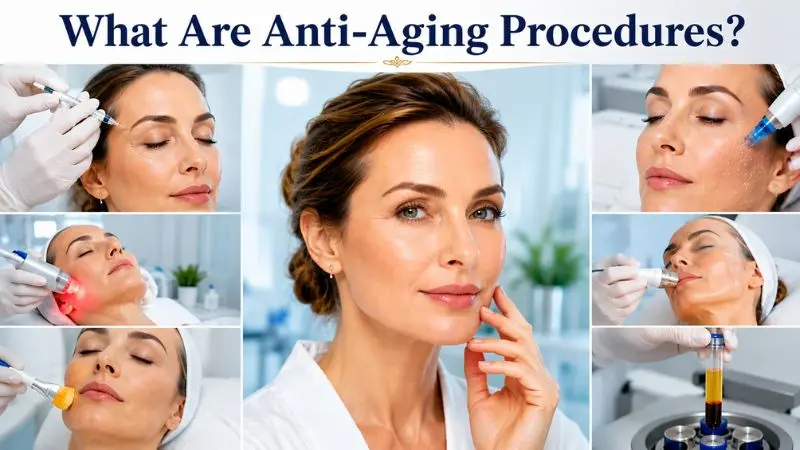Woman exploring anti-aging procedures including skincare and cosmetic treatments for youthful skin.