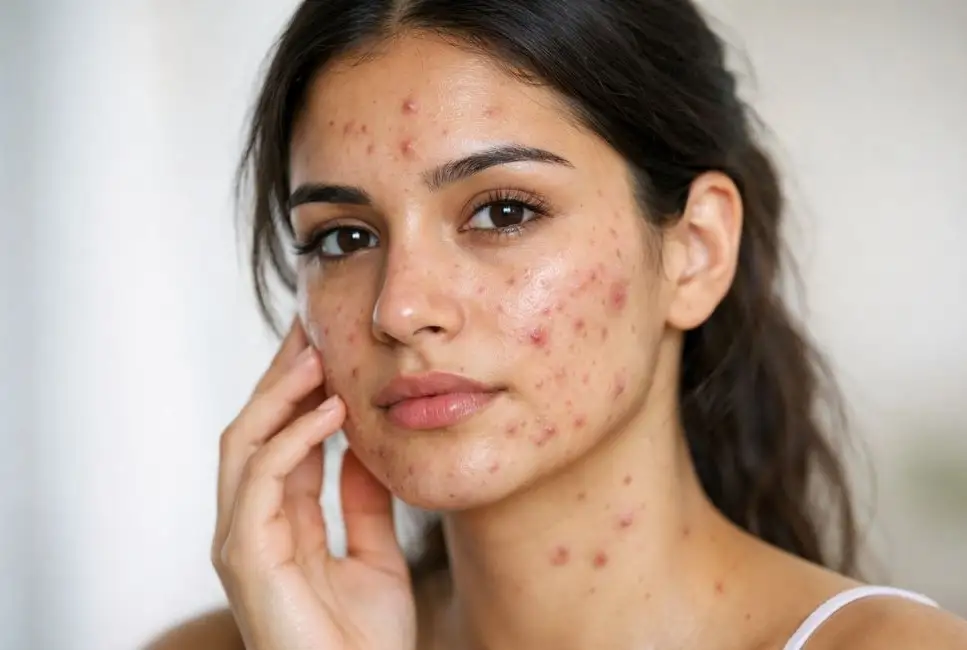 Close-up of acne prone skin showing facial breakouts, pimples, redness, and clogged pores on the cheek.