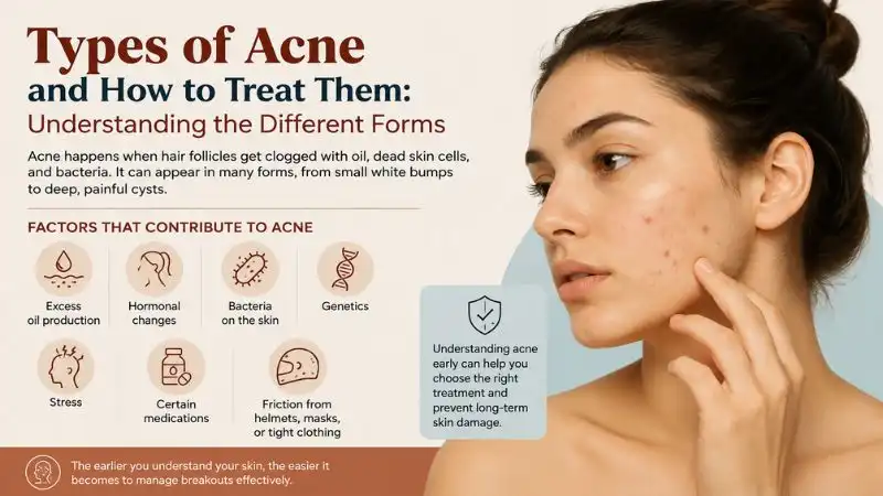 Types of Acne and How to Treat Them illustration showing acne causes including excess oil, hormonal changes, bacteria, genetics, stress, medications, and friction.