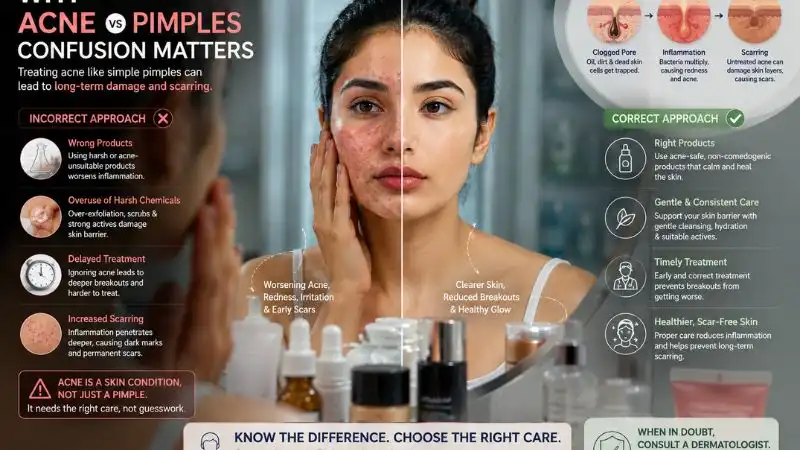 Why Acne vs Pimples confusion matters showing incorrect skincare treatments and acne-related skin damage
