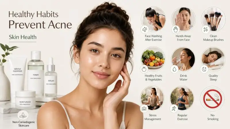 Types of Acne and How to Treat Them infographic showing expert acne prevention tips, healthy skincare habits, balanced diet, stress management, and daily skin care practices for clearer skin.