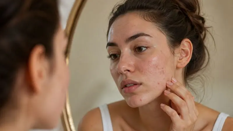 Young woman with acne-prone skin showing facial breakouts and redness, featured in a skincare guide for clearer and healthier skin.