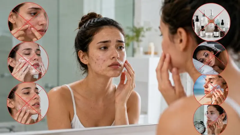 Young woman with acne-prone skin shown alongside common skincare mistakes such as popping pimples, over-exfoliating, skipping sunscreen, and using too many products.