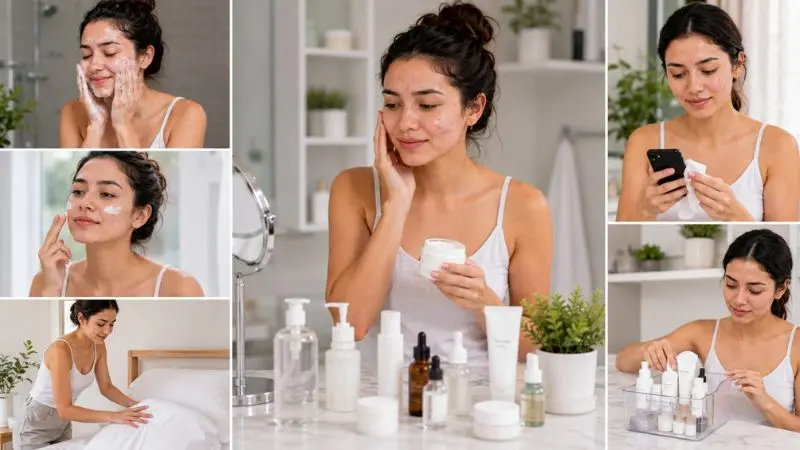 Young woman with acne-prone skin following healthy skincare habits including gentle cleansing, moisturizing, sunscreen use, and maintaining clean personal items.
