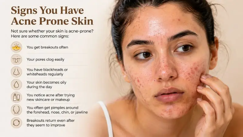 Woman with acne-prone skin showing oily T-zone, pimples, blackheads, and visible breakouts while examining her face in a mirror.