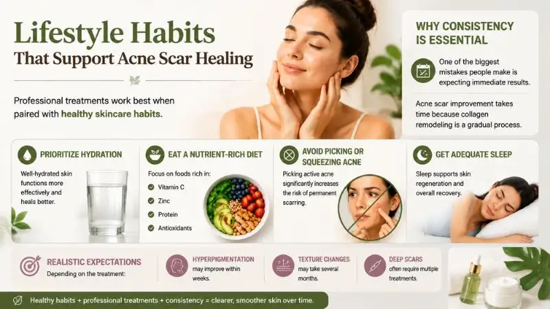Lifestyle habits that support acne scar healing including hydration, healthy diet, avoiding acne picking, sleep, and sun protection for improved skin recovery and texture