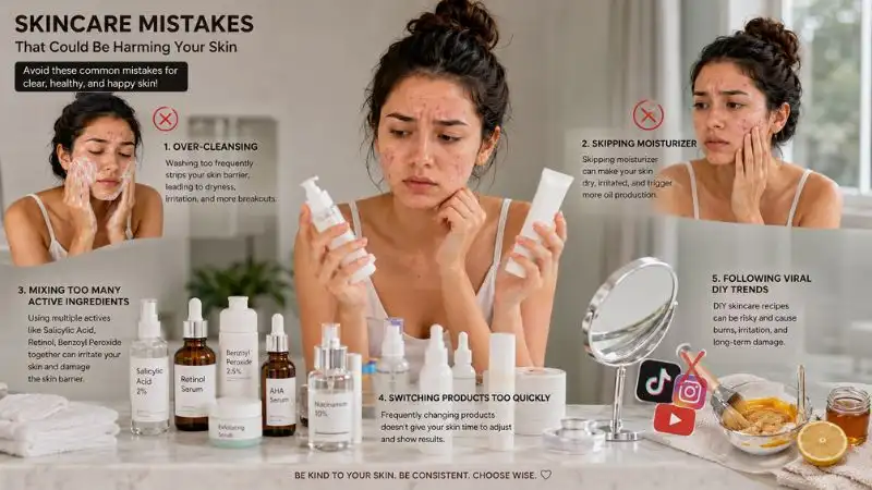 Young woman with acne-prone skin surrounded by skincare products, illustrating common mistakes like over-cleansing, skipping moisturizer, mixing actives, and following unsafe skincare trends.