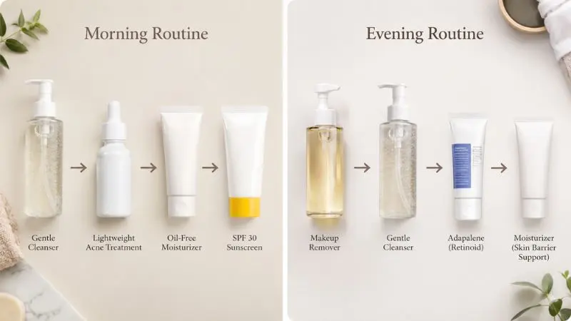 Types of Acne and How to Treat Them infographic showing a daily skincare routine for acne-prone skin, including morning and evening skincare steps with cleanser, moisturizer, sunscreen, and retinoid.