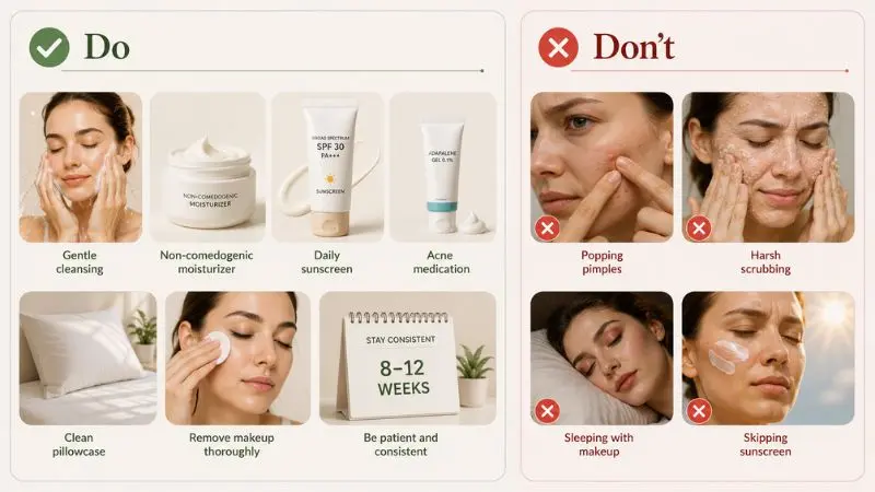 Types of Acne and How to Treat Them infographic showing acne treatment dos and don'ts, including cleansing, sunscreen, moisturizer, medication, and healthy skincare habits.