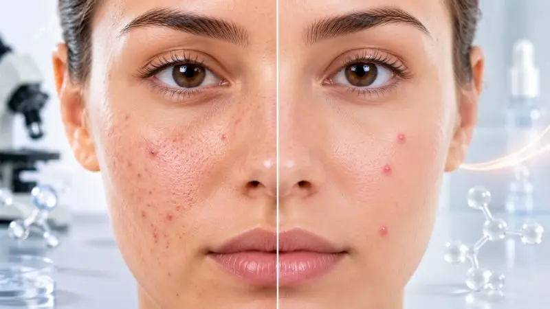 Side-by-side dermatology comparison of acne and pimples showing inflamed acne breakouts on one side and isolated pimples on clear skin on the other.