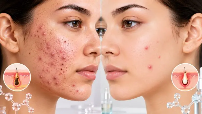 Acne vs Pimples skin comparison with acne breakouts and individual pimples on facial skin
