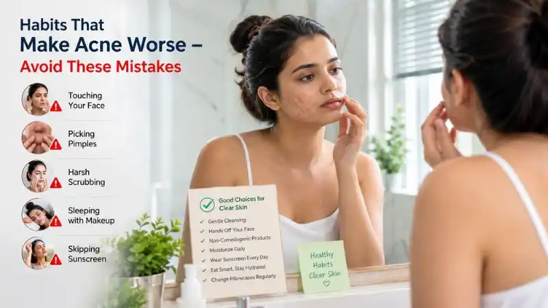 Woman learning to avoid common habits that worsen acne, including picking pimples, overwashing, harsh scrubbing, and skipping sunscreen.