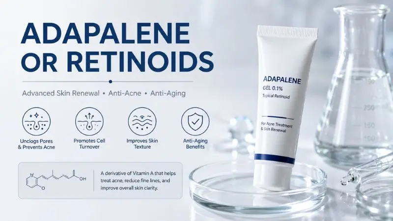 Young woman with acne-prone skin applying adapalene or a retinoid treatment at night to prevent clogged pores, reduce acne, and improve skin texture.