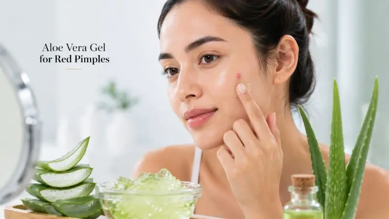 Woman applying aloe vera gel to red pimples for soothing irritation, reducing redness, and supporting skin repair.