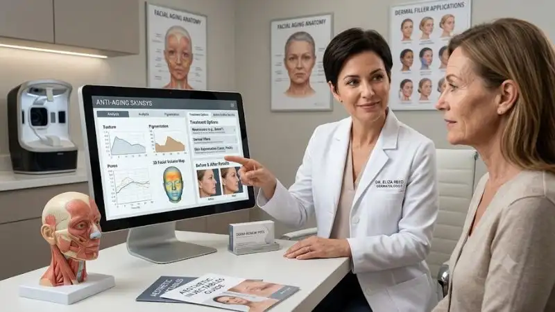 Patient consulting with a qualified dermatologist about anti-aging procedures in a modern clinic while reviewing skin analysis and treatment options.