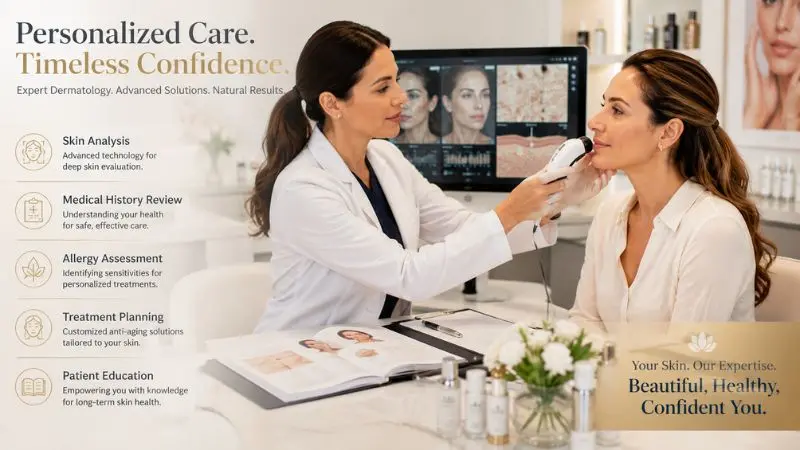 Dermatologist conducting a medical consultation before anti-aging procedures to assess skin health and treatment options.