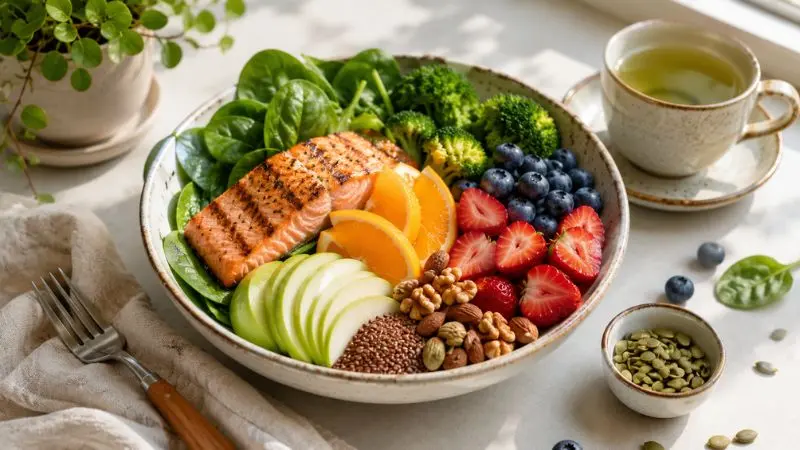 Healthy anti aging diet foods including fruits, vegetables, nuts, omega-3 fish, and green tea for youthful glowing skin