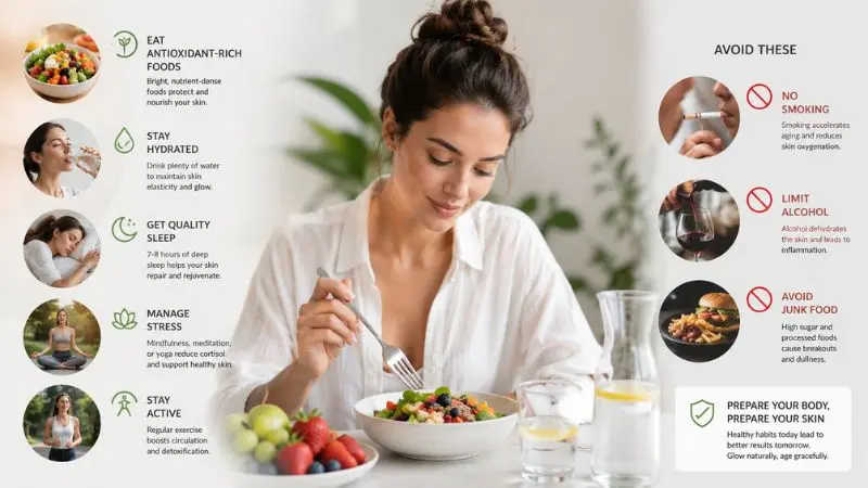 Healthy lifestyle habits before anti-aging skincare treatment showing diet, hydration, sleep, and wellness routine.