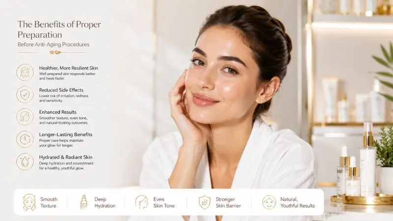 Healthy glowing skin showing benefits of proper preparation before anti-aging treatments, including natural results, faster healing, and improved skin health.