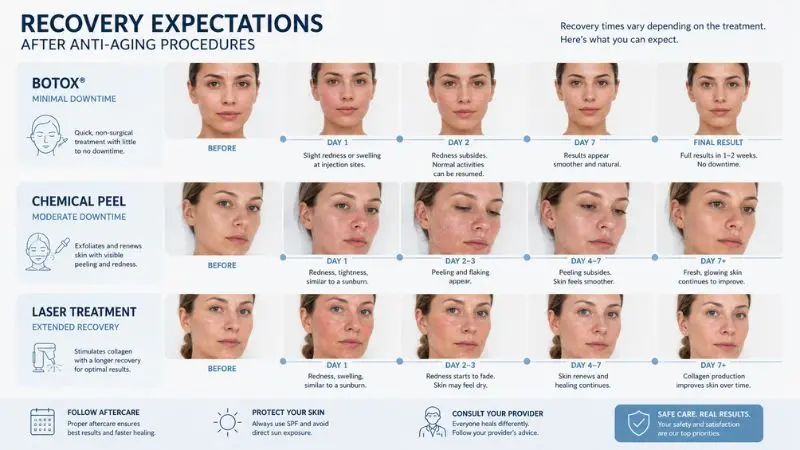 Infographic showing recovery time after anti-aging treatments including Botox, chemical peels, and laser treatments with different healing durations.