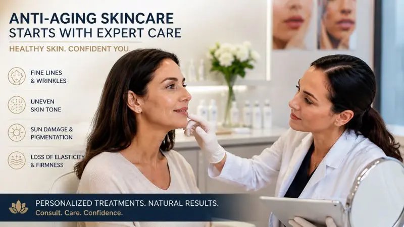 Woman preparing for anti-aging procedures by following skincare, hydration, and lifestyle recommendations.