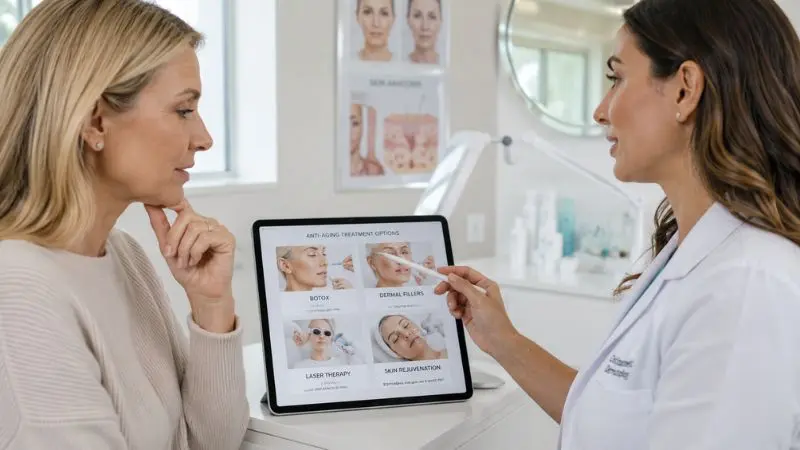 Person researching anti-aging procedures on a tablet while discussing cosmetic treatment options with a dermatologist in a modern clinic.