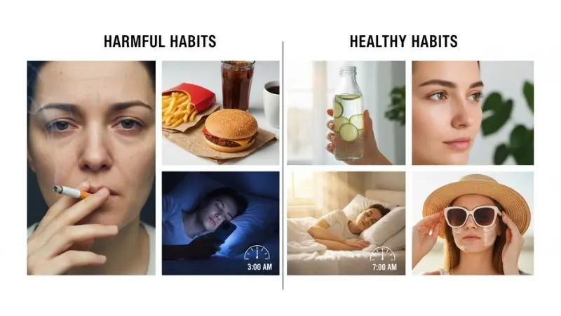Harmful habits like smoking, junk food, sun exposure, lack of sleep, and stress that speed up skin aging and damage youthful glow
