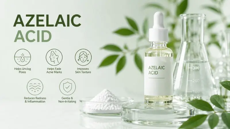 Young woman with acne-prone skin applying azelaic acid treatment to help reduce redness, calm inflammation, and improve skin clarity.