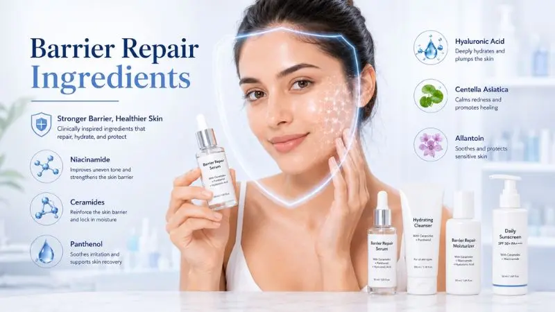 Woman with healthy skin surrounded by skin barrier repair ingredients including niacinamide, ceramides, panthenol, hyaluronic acid, centella asiatica, and allantoin.