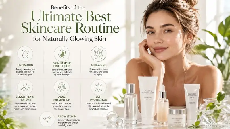 Woman with glowing skin highlighting the benefits of hydration, sun protection, anti-aging care, and a healthy skincare routine.