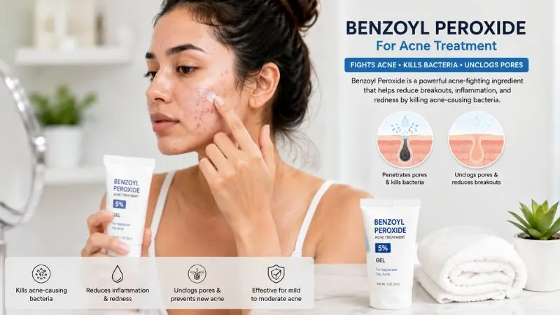Young woman with acne-prone skin applying a benzoyl peroxide treatment to help reduce acne-causing bacteria and inflamed breakouts.