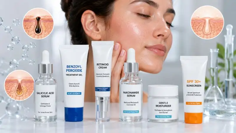 Best dermatologist approved acne treatments including salicylic acid benzoyl peroxide retinoids niacinamide moisturizer and sunscreen