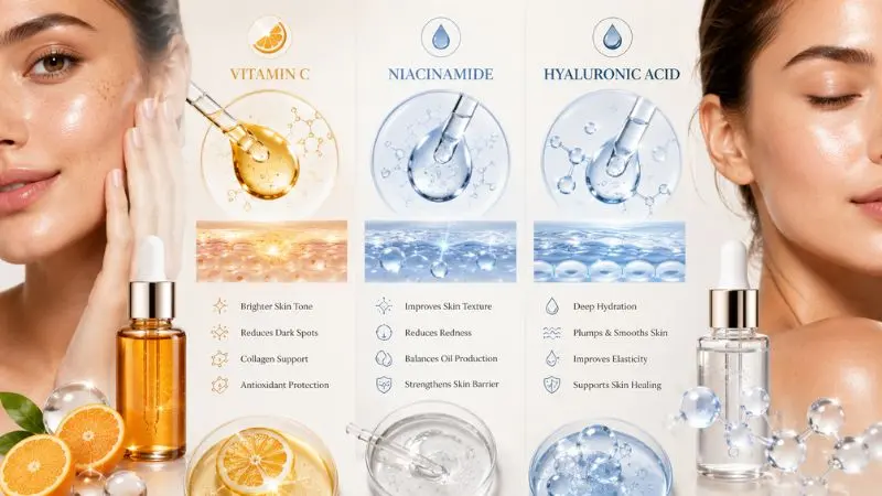 Best skincare ingredients Vitamin C Niacinamide and Hyaluronic Acid for brightening hydration and radiant glowing skin