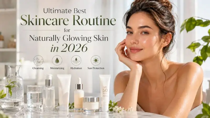 Woman with naturally glowing skin following a complete skincare routine with premium skincare products in a bright modern beauty environment.