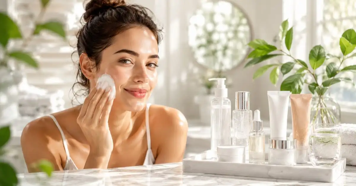 Woman with naturally glowing skin following a complete skincare routine with premium skincare products in a bright modern beauty setting.
