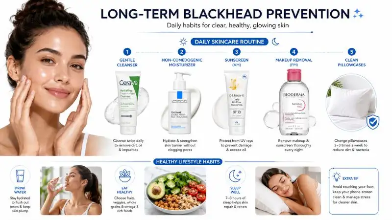 Healthy skincare routine for blackhead prevention showing cleansing, moisturizing, sunscreen use, clean bedding, and healthy lifestyle habits