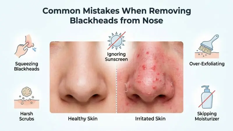 Skincare infographic showing common blackhead removal mistakes such as squeezing blackheads, over-exfoliating, using harsh scrubs, skipping moisturizer, and ignoring sunscreen