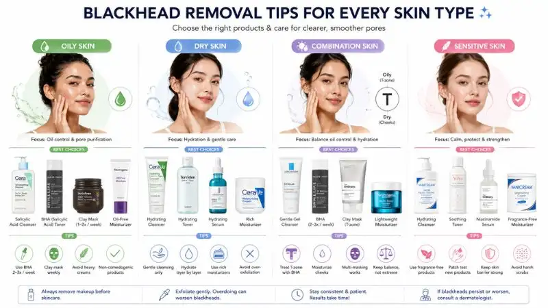 Skincare infographic showing blackhead removal tips for oily, dry, combination, and sensitive skin types with appropriate skincare routines