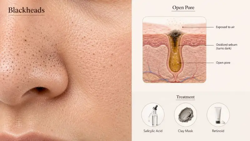Types of Acne and How to Treat Them infographic showing blackheads, open clogged pores, oxidation, and effective blackhead treatment with salicylic acid and skincare routine.