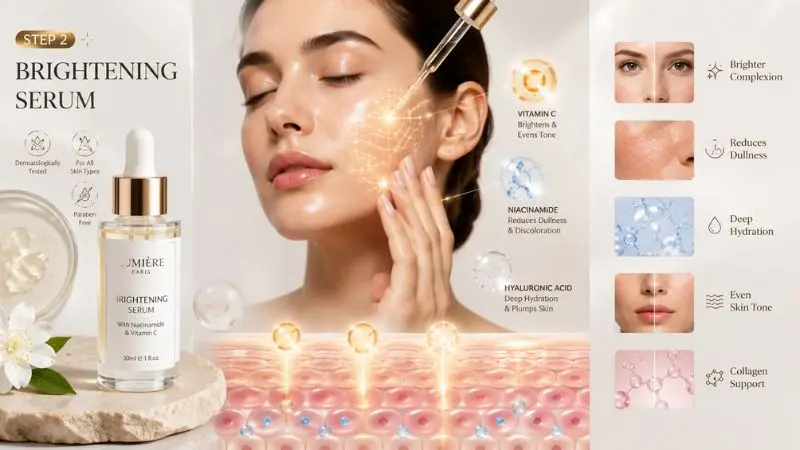 Brightening serum routine showing hydration, skin brightness, even tone, and collagen support for glowing healthy skin