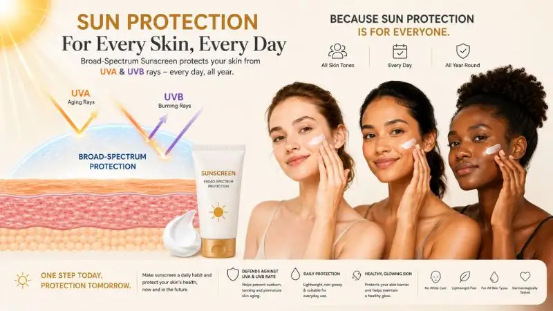 Broad-spectrum sunscreen protecting different skin tones from UVA and UVB rays, highlighting that everyone needs daily sun protection