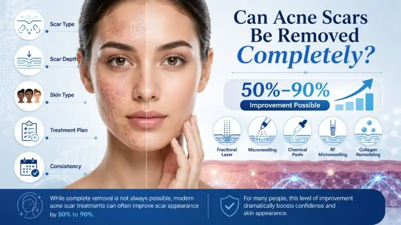 Professional dermatology infographic showing acne scar improvement with realistic before-and-after skin comparison, explaining that modern acne scar treatments can improve scar appearance by 50% to 90% based on scar type, depth, skin type, and treatment consistency.