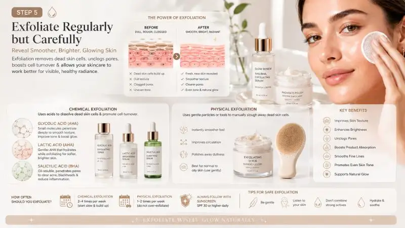 Gentle exfoliation routine showing dead skin removal improved texture brighter skin and chemical exfoliants for glowing skin