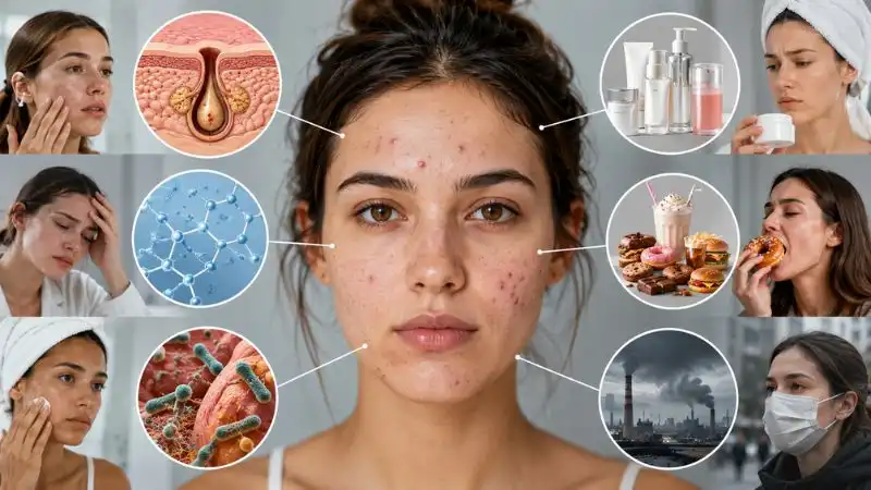Main Causes of Acne and Pimples including excess oil production hormonal imbalance bacteria poor skincare diet and pollution
